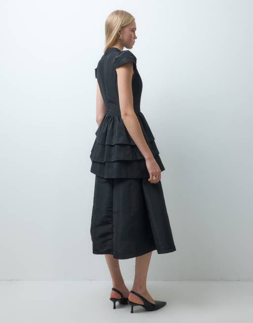 Dream Sister Jane Elixir high neck cap sleeve ruffle detailing satin midi dress in black, 4 of 4