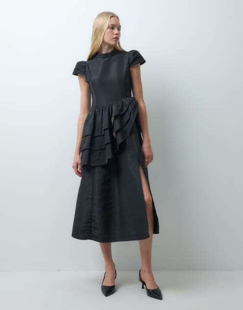 Dream Sister Jane Elixir satin high neck cap sleeve ruffle detail midi dress in black