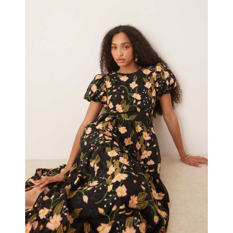 Dream Sister Jane embroidered floral maxi dress in black | ASOS