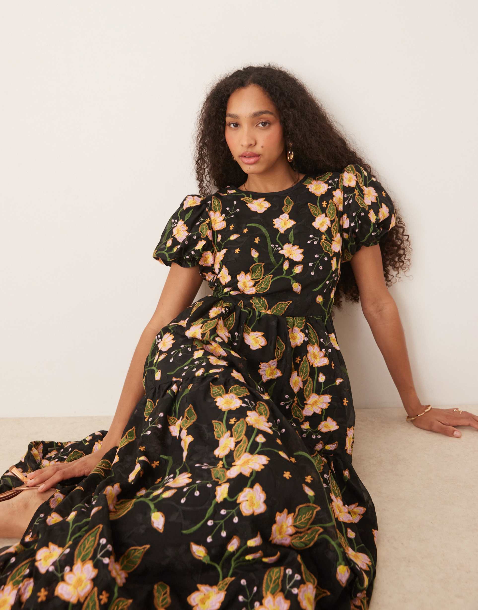 dream sister jane embroidered floral maxi dress in black