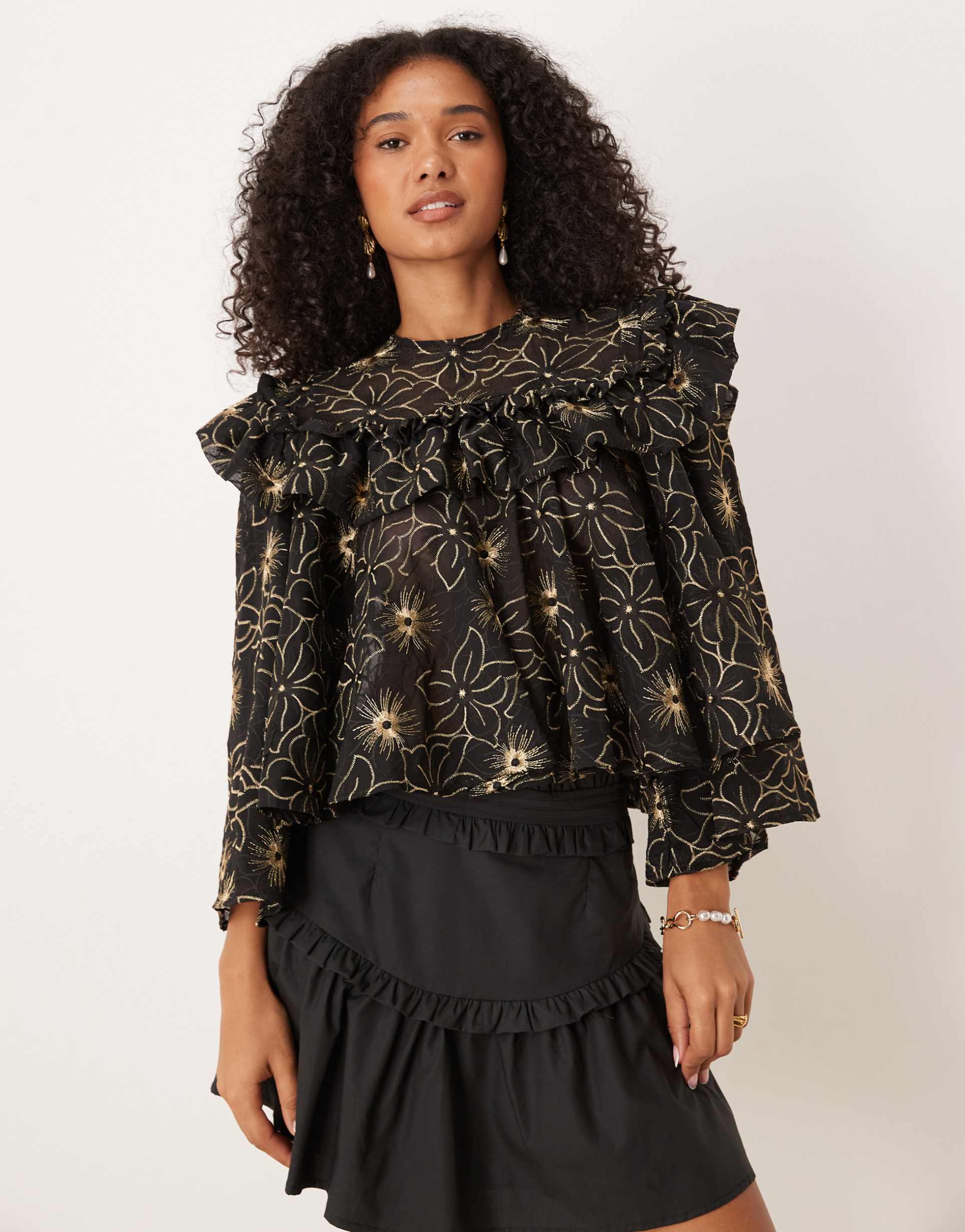 dream sister jane embroidered frill detail blouse in black