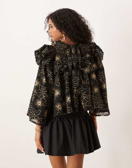 Dream Sister Jane embroidered frill detail blouse in black, 2 of 4