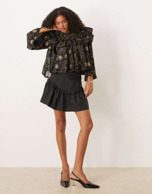 Dream Sister Jane embroidered frill detail blouse in black, 3 of 4