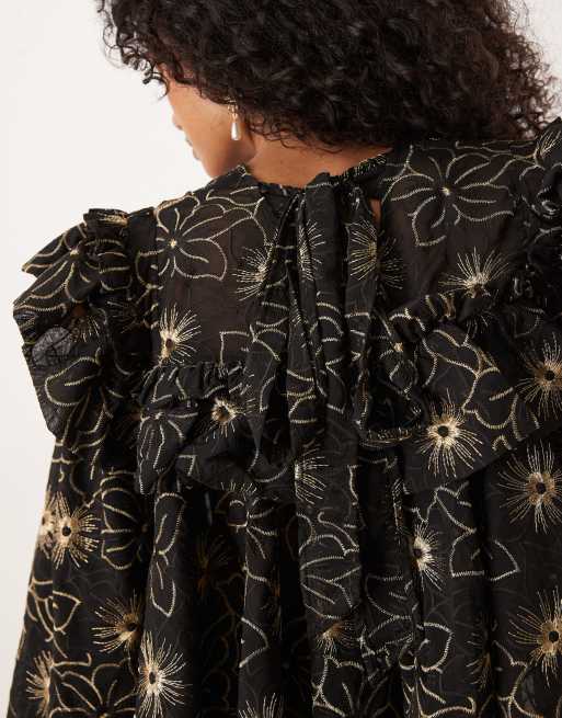 Dream Sister Jane embroidered frill detail blouse in black, 4 of 4