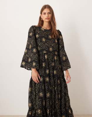 Sister Jane Dream  Embroidered Smock Mini Dress In Black