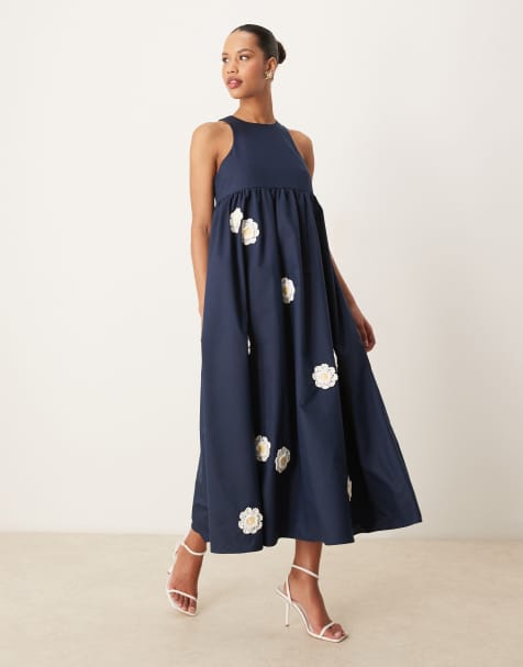 Dream Sister Jane empire waist embroidered flower midi dress in navy