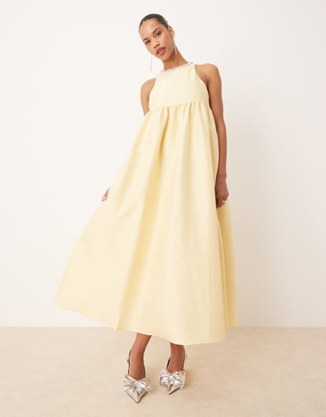 Dream Sister Jane empire waist jacquard jewel midi dress in yellow