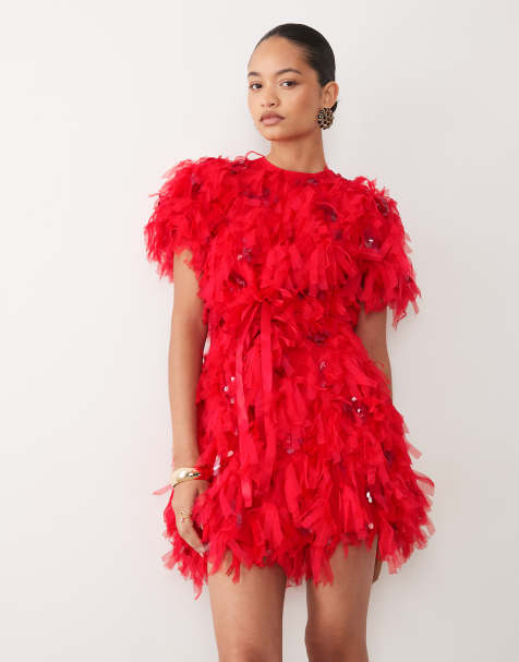 Dream Sister Jane faux feather mini dress with ribbon detail in red - view 1