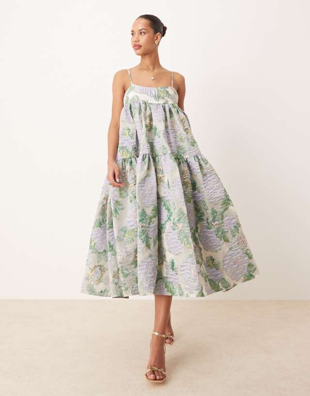 Dream Sister Jane floral jacquard midi dress in green and lilac | ASOS