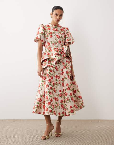 Dream Sister Jane floral jacquard puff sleeve midi dress in red - view 1