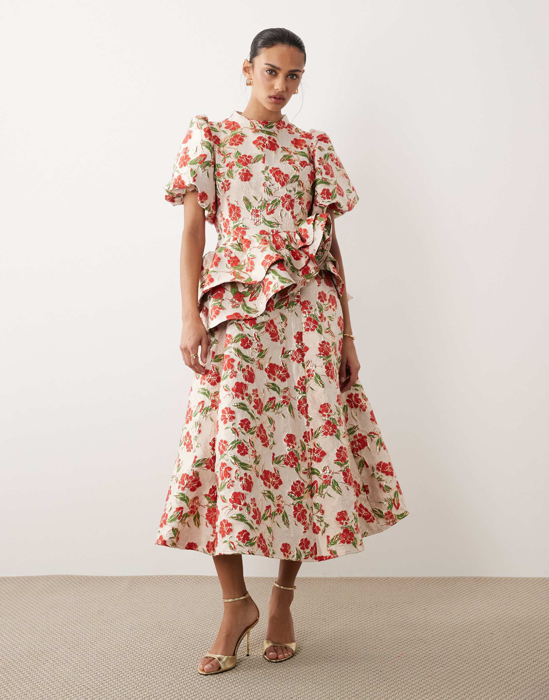dream sister jane floral jacquard puff sleeve midi dress in red