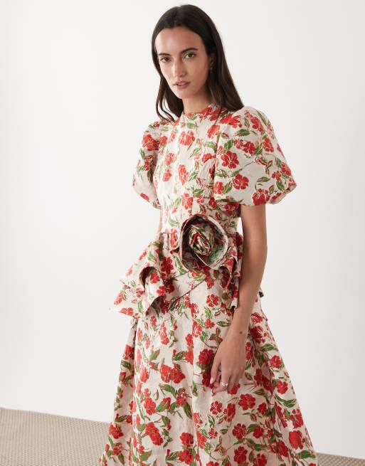 Dream Sister Jane ② Dream Sister Jane floral jacquard puff sleeve midi dress in red | ASOS