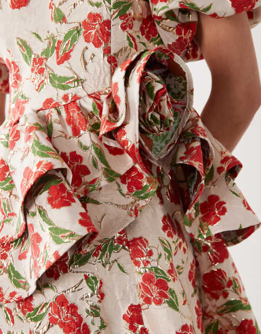 Dream Sister Jane floral jacquard puff sleeve midi dress in red | ASOS