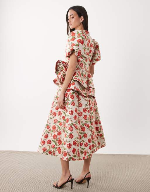 Dream Sister Jane floral jacquard puff sleeve midi dress in red | ASOS