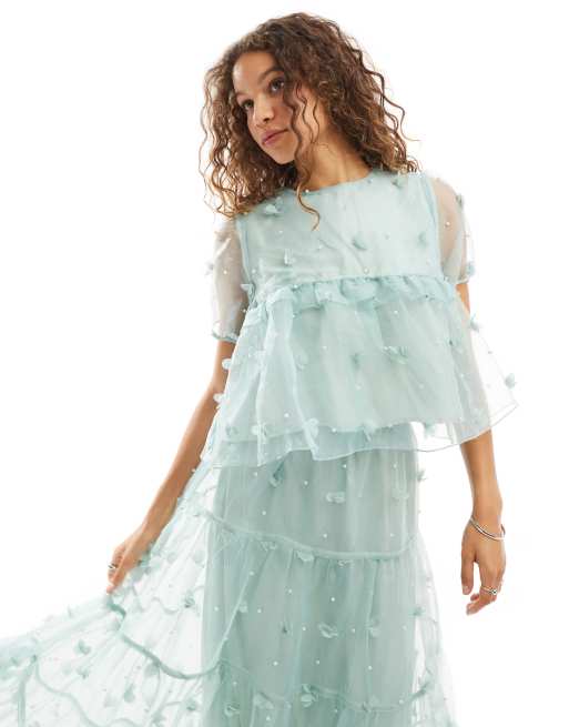 Dream Sister Jane floral organza top in sage (part of a set)