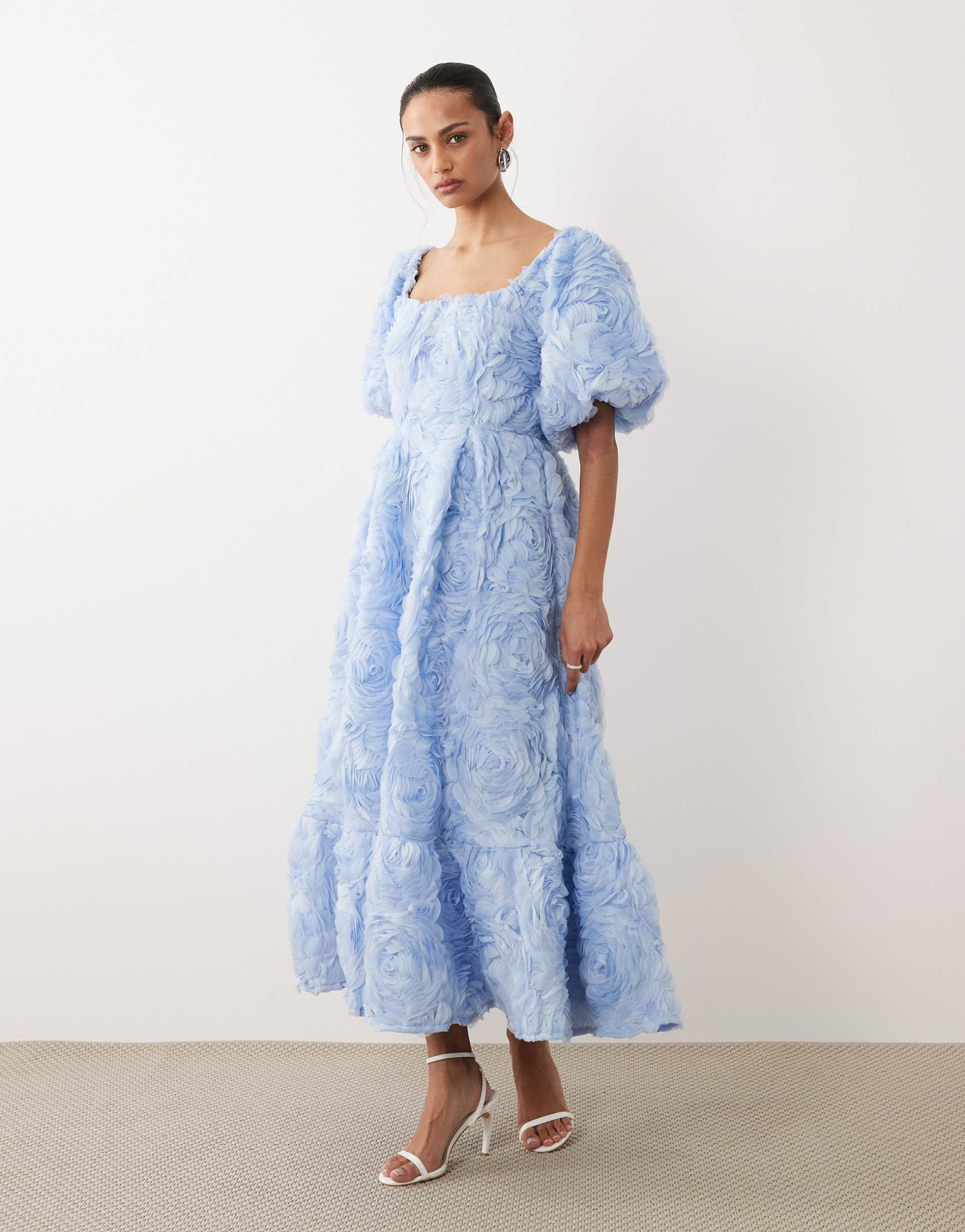 dream sister jane floral tulle puff sleeve midaxi dress in blue