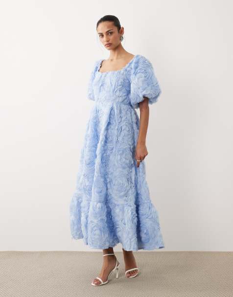 Dream Sister Jane floral tulle puff sleeve midaxi dress in blue