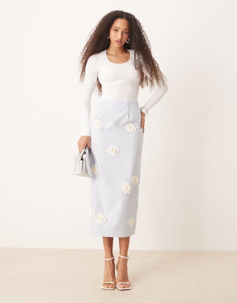 Dream Sister Jane flower embroidered midi skirt in pastel blue
