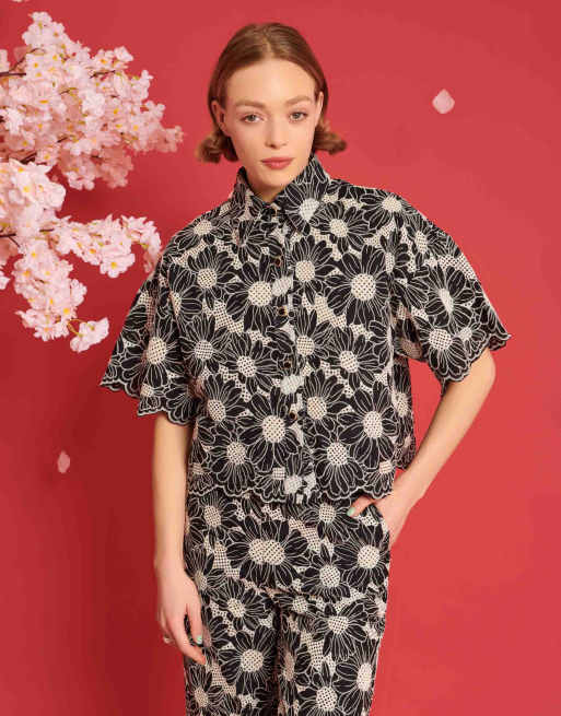 Dream Sister Jane flower embroidered shirt in black (part of a set)