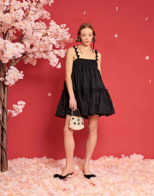 Dream Sister Jane flower strap jacquard mini dress in black co-ord