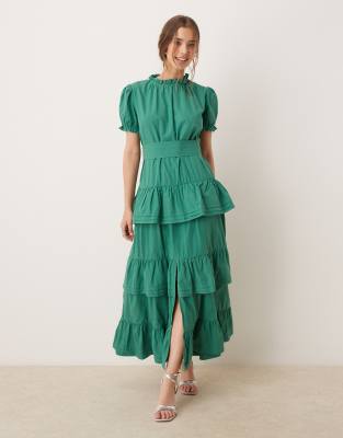 Dream Sister Jane – Gestuftes Maxikleid in Grün mit Puffärmeln - view 1