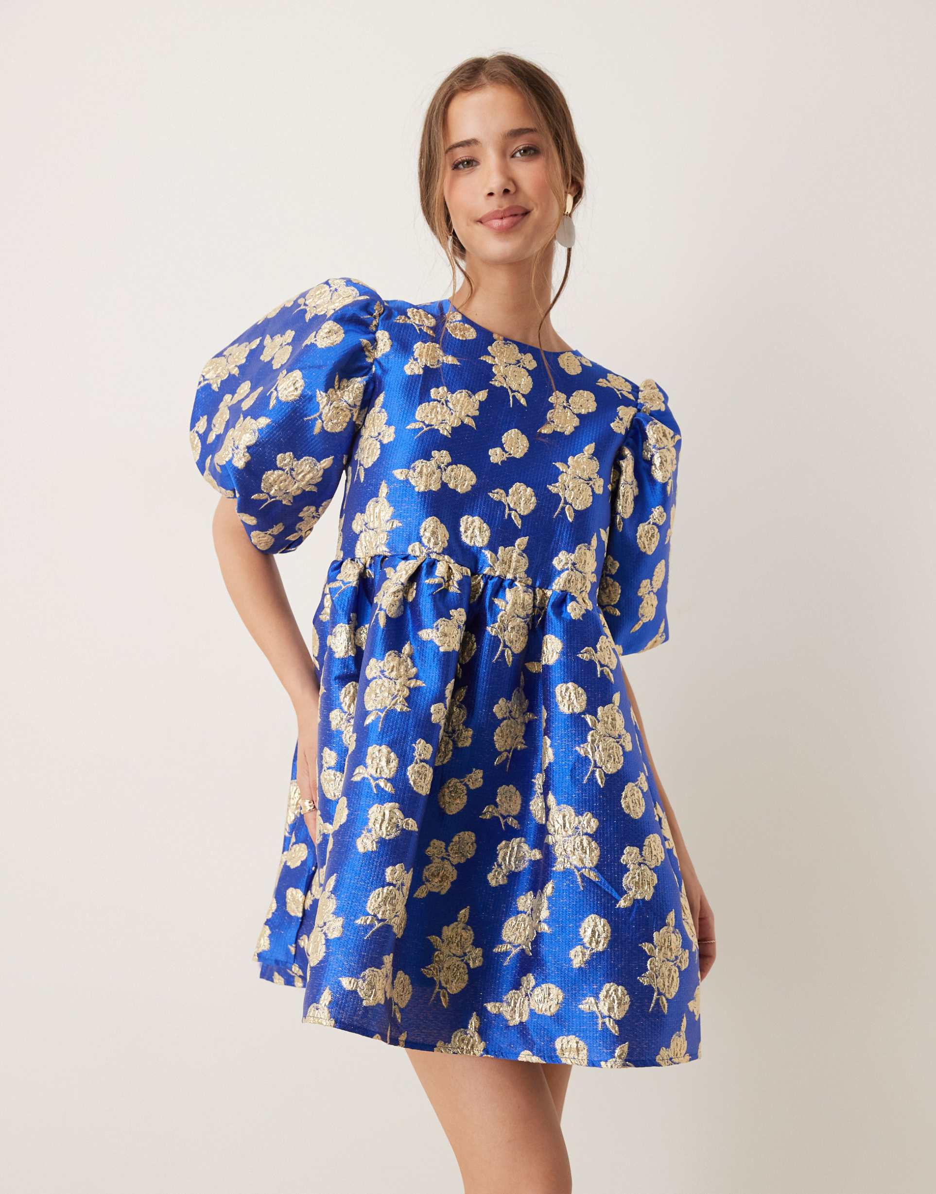 dream sister jane golden floral jacquard mini dress in cobalt blue