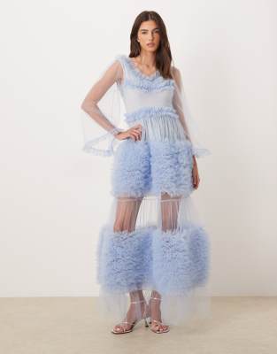 Sister Jane Dream  Halo Haze Tulle Bell Sleeve Ruffle Tiered Maxi Dress In Blue