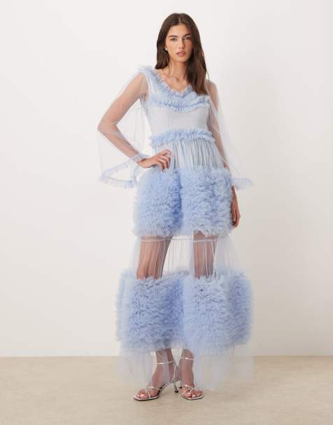 Dream Sister Jane Halo Haze tulle bell sleeves ruffle tiered maxi dress in baby blue - view 1
