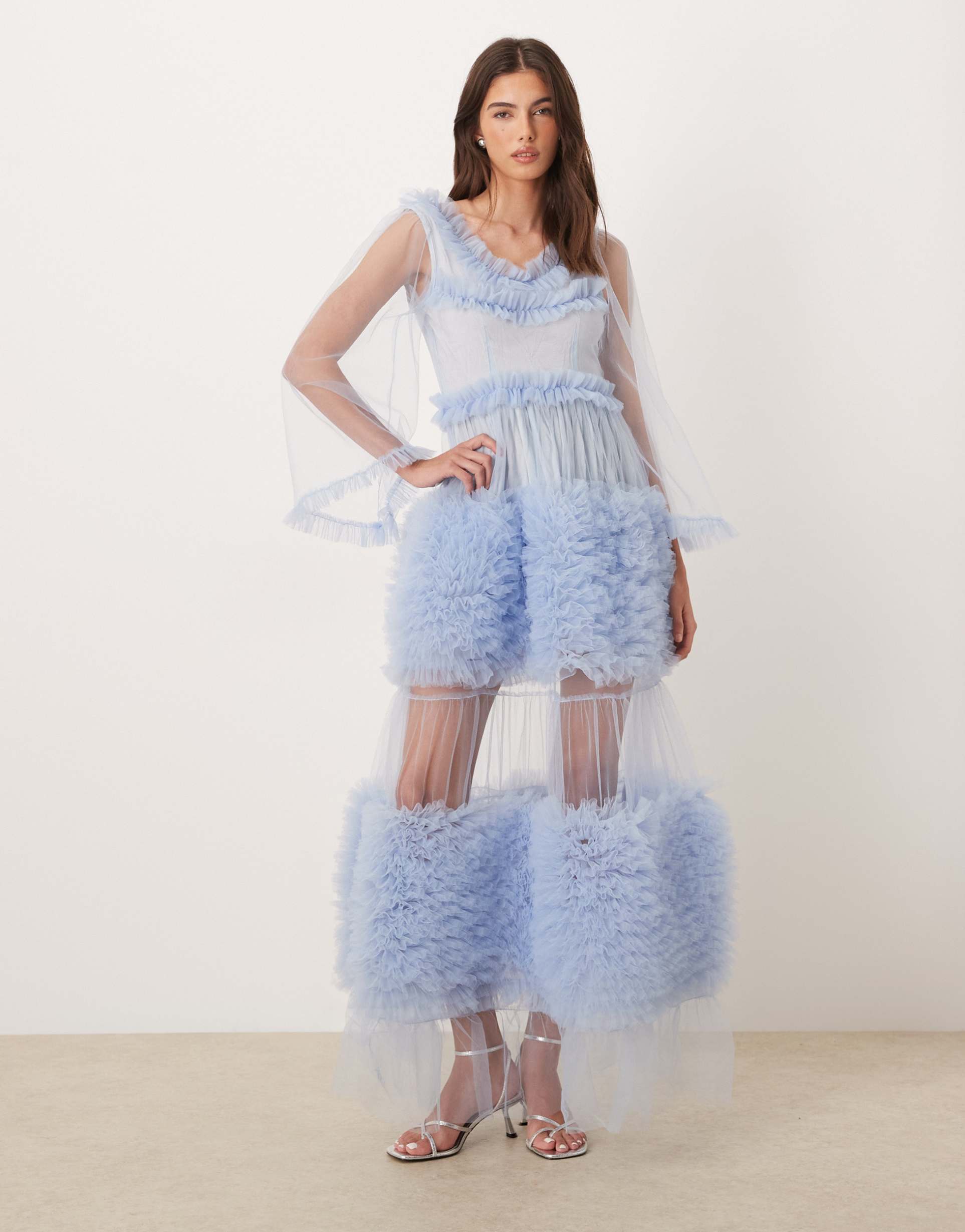 dream sister jane halo haze tulle bell sleeves ruffle tiered maxi dress in baby blue