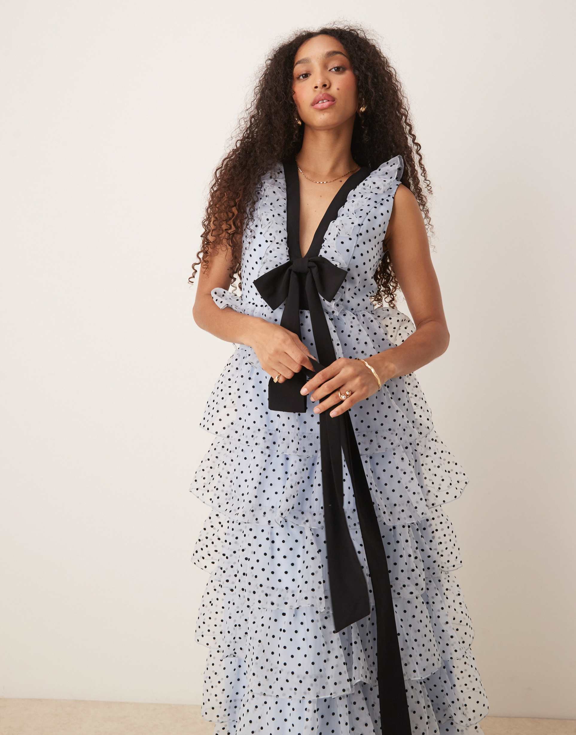 dream sister jane haven ruffle midi dress in blue
