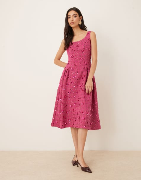 Dream Sister Jane Hollywood embellished tweed scoop neck midi dress in pink - view 1