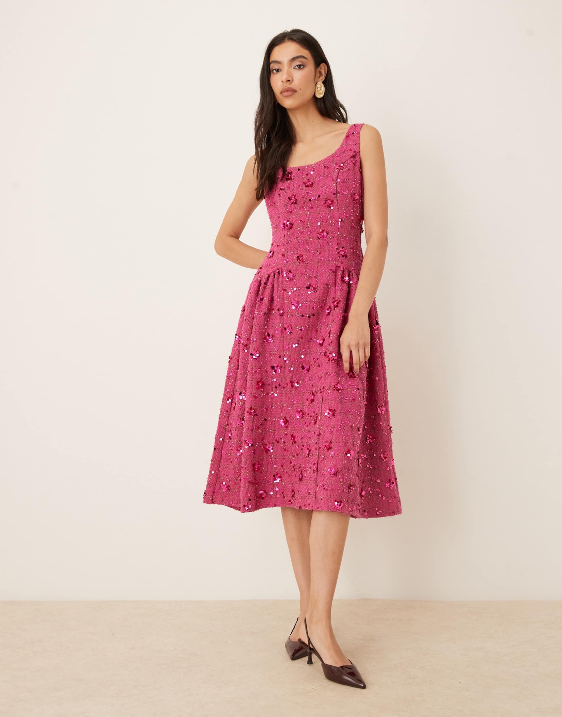 dream sister jane hollywood sequined tweed scoop neck dropped waist midi dress in pink