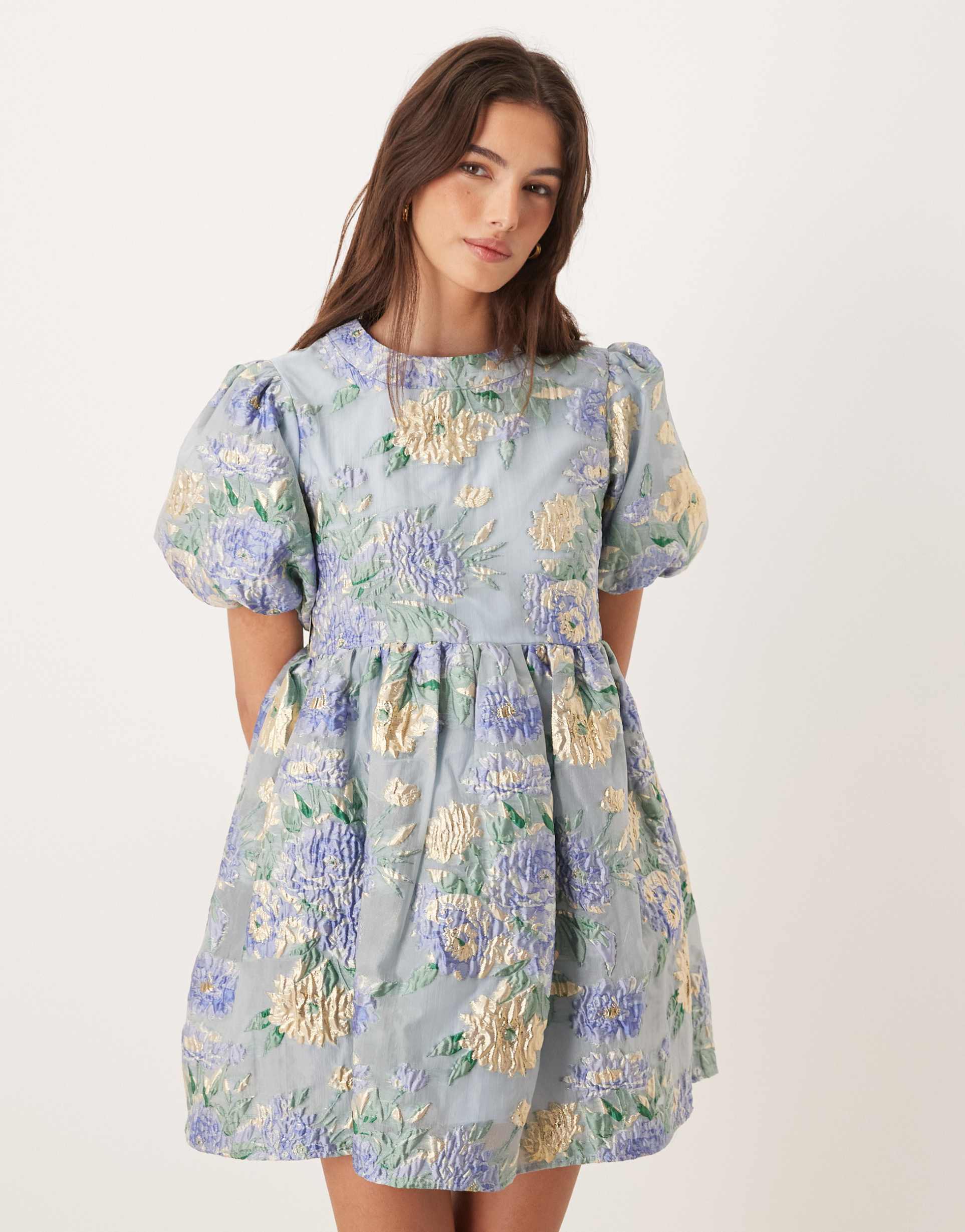 dream sister jane honey exclusive jacquard puff sleeve mini dress in blue floral