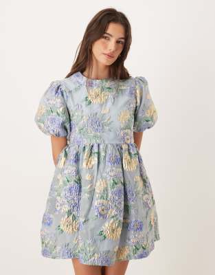 Dream Sister Jane - Honey - Exklusives Jacquard-Minikleid mit Puffärmeln und blauem Blumenmuster-Gelb