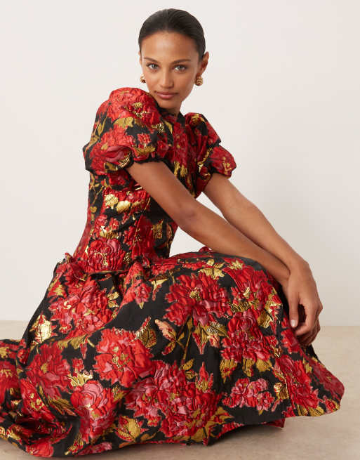 Dream Sister Jane Illusions floral jacquard puff sleeve midi dress