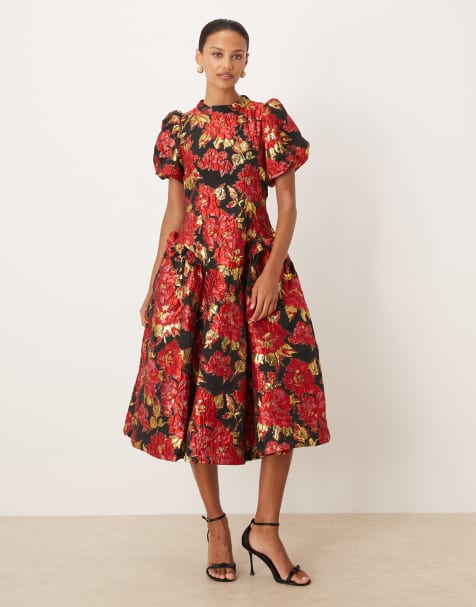 Dream Sister Jane Illusions floral jacquard puff sleeve midi dress in red