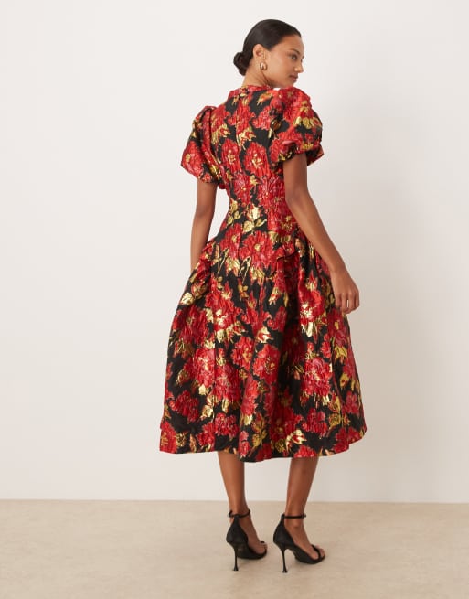 Dream Sister Jane Illusions jacquard midi dress in red | ASOS