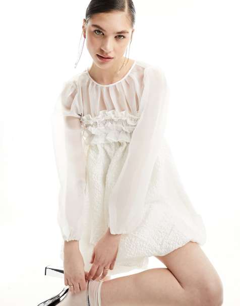 Sweet Jane Short White Lace Bandeau Dress with Feather Belt