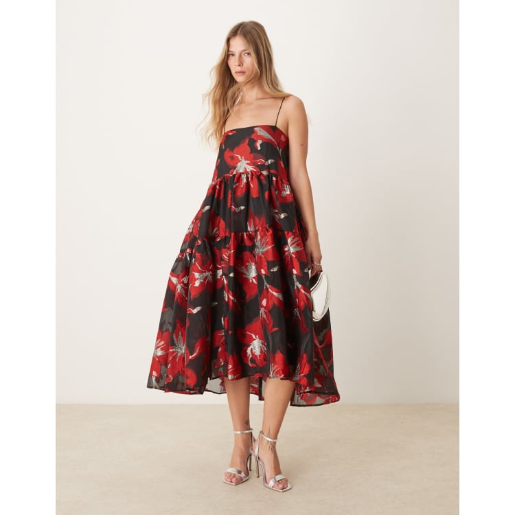 Dream Sister Jane jacquard cami midi dress in red and black