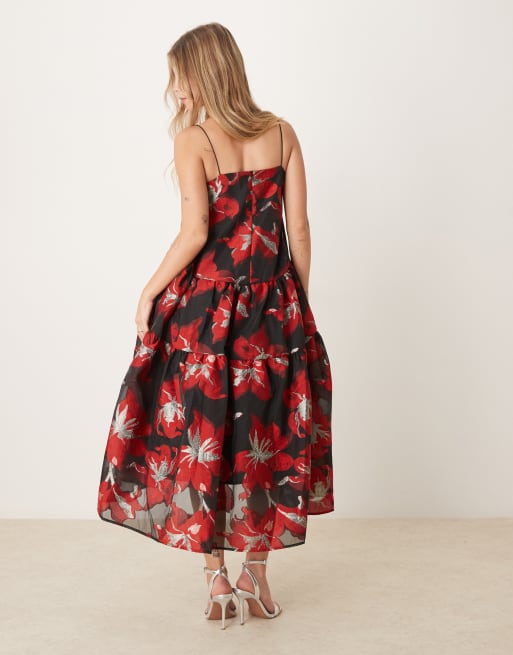 スーパーセール 半額 jacquard Jane Sister Dream cami black and red in dress midi ワンピース