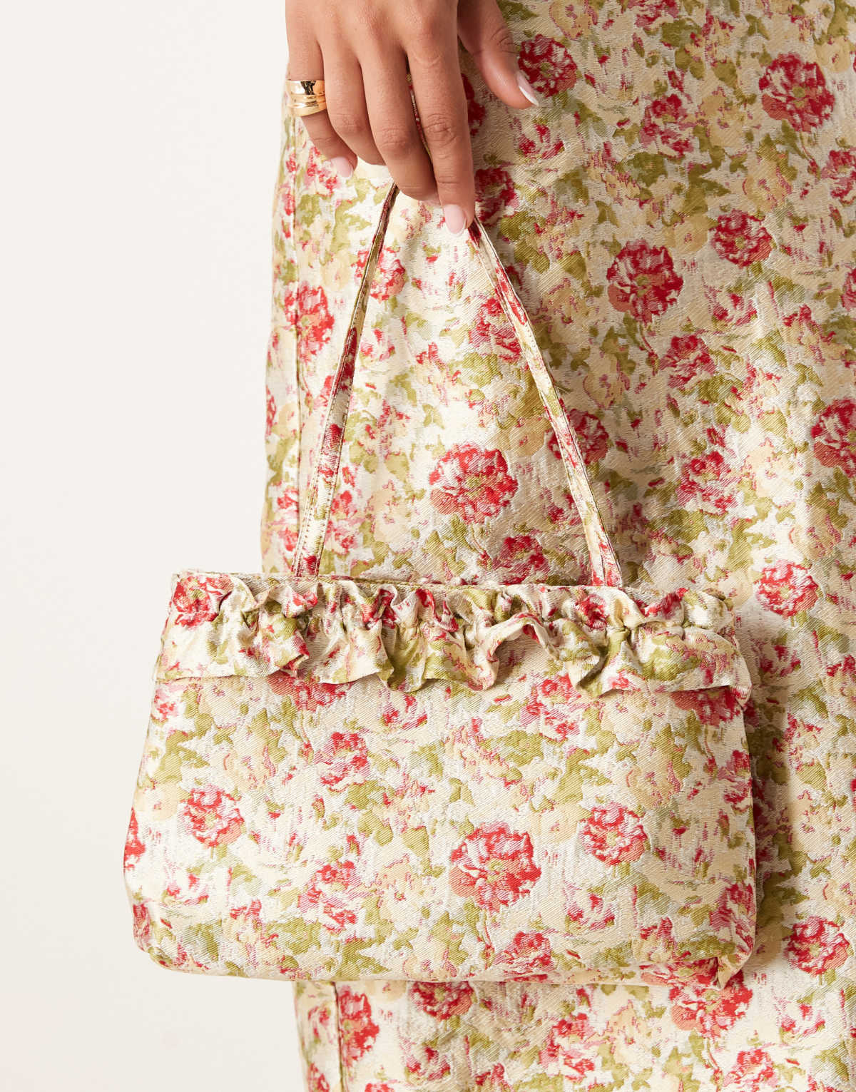 Dream Sister Jane jacquard frill detail bag in floral print