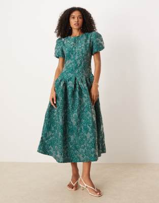 Sister Jane Dream  Jacquard Godet Dropped Waist Midi Dress In Green