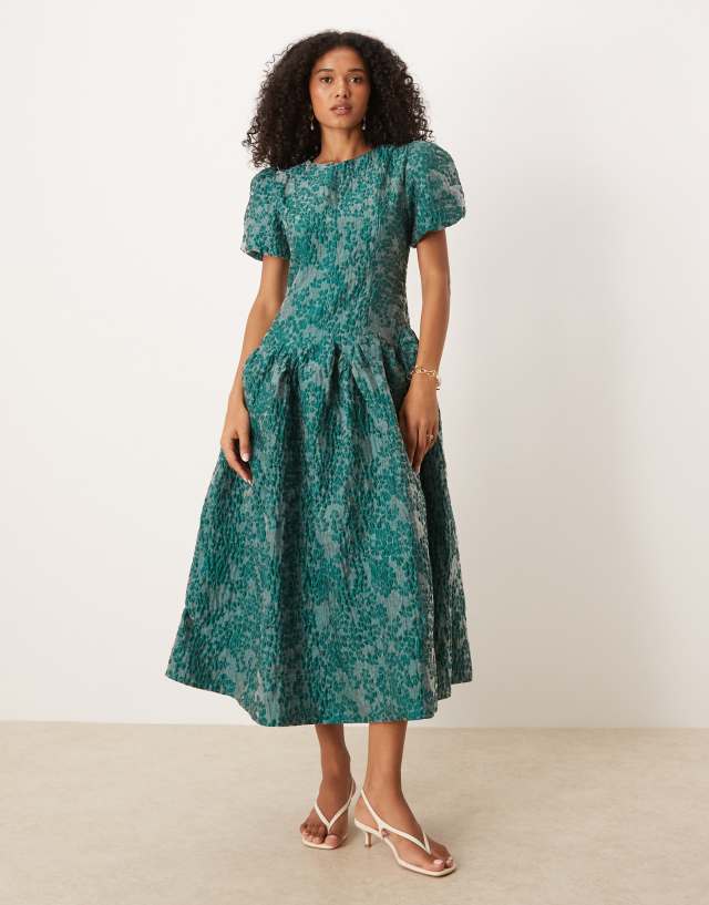 Dream Sister Jane jacquard godet dropped waist midi dress in green