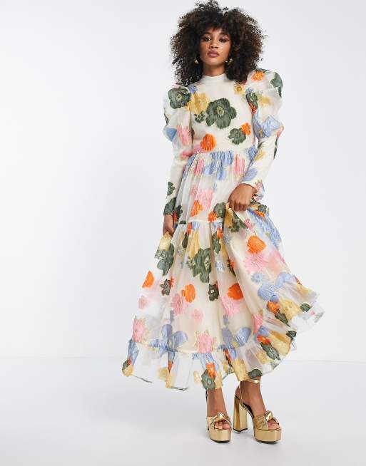 Dream Sister Jane – Jacquard-Maxikleid mit Blumenmuster in Regenbogenfarben und Puffärmeln