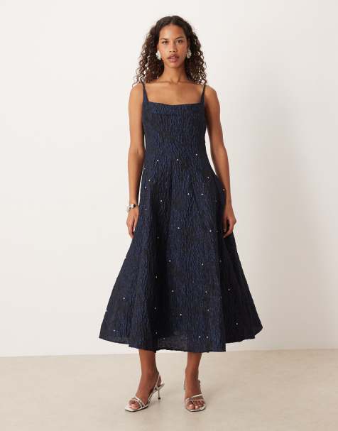Dream Sister Jane jacquard midi dress with faux-gem studs in navy - view 1