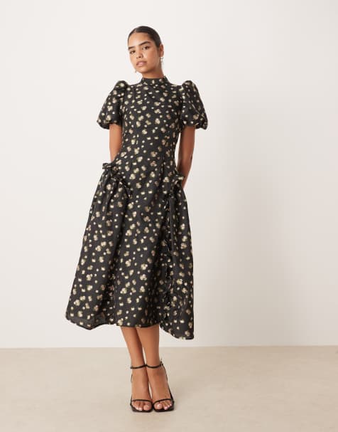 Dream Sister Jane jacquard midi dress with ruffle hip detail in tea rose black floral