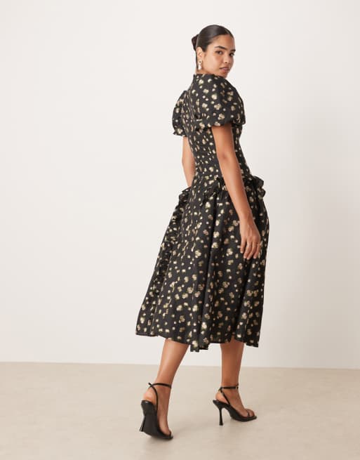 Dream Sister Jane jacquard midi dress with ruffle hip detail in