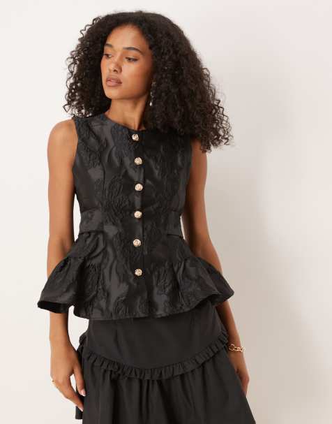 Dream Sister Jane jacquard peplum top with bow back in black - view 1