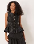 [sister jane] Dream Sister Jane jacquard peplum top with bow back in black XS BLACK