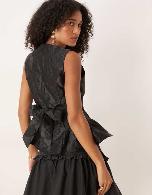 Dream Sister Jane jacquard peplum top with bow back in black